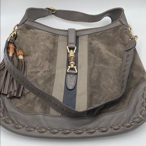 Gucci Gray Suede Shoulder Bag Bamboo Tassel +Strap